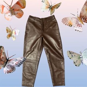 Brown %100 Genuine leather Straight Leg Women's Pants